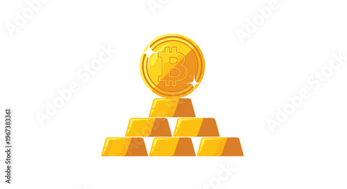 Bitcoin coin placed on top of a stack of gold bars on a white background representing cryptocurrency value and digital gold investment.