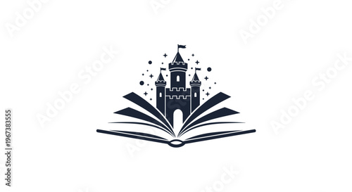 Silhouette of a fairytale castle rising from the pages of an open book surrounded by stars on a white background representing imagination.
