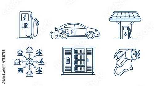 Electric Car Infrastructure and Sustainable Mobility Outline Icons Set on Isolated White Background
