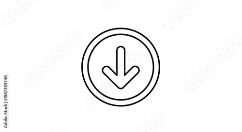 Black outline icon of a down arrow inside a circular frame on a white background representing download, lower direction, or decrease in values.