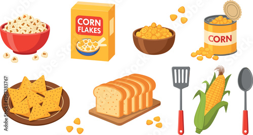 Corn food collection with popcorn cornflakes nachos bread sweet corn and kitchen utensils colorful flat vector illustration set