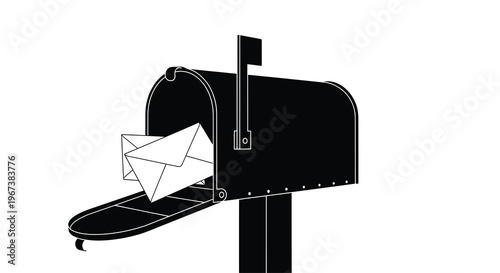 A black and white illustration of a mailbox with a letter
