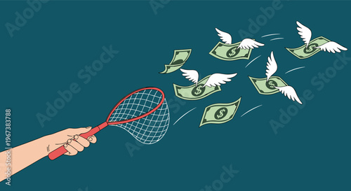 Hand holding a red net to catch flying dollar banknotes with wings on a dark teal background representing the pursuit of financial wealth.