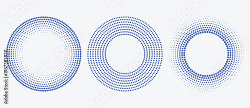 Set of three concentric halftone dot circles with varying density gradients in blue on light background. Minimalist vector icons for technology, UI design, loading spinner and modern branding concepts