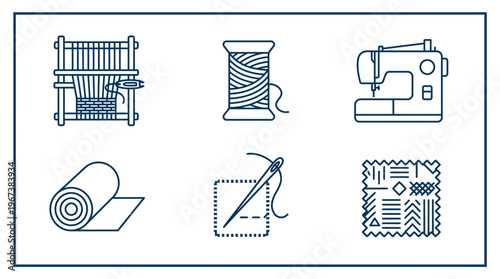 Set of Textile and Sewing Outline Icons Including Loom, Thread Spool, Sewing Machine, Fabric Roll, Needle and Thread, and Fabric Swatch in Bright Studio