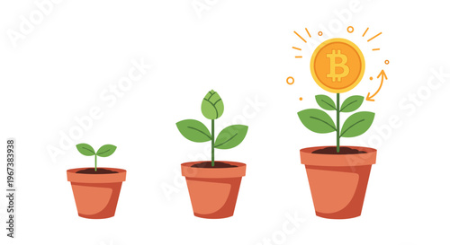 Three stages of a plant growth in pots ending with a large bitcoin coin as a flower head on a white background representing crypto profits.