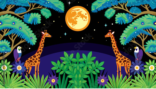 Two giraffes standing under a full moon in a vibrant african savannah landscape with trees and flowers at twilight
