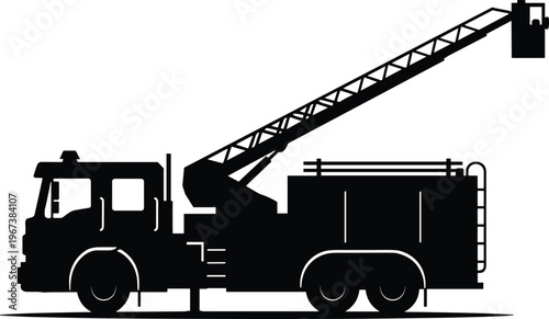 Bucket truck silhouette, utility service vehicle with crane lift, maintenance truck for repair work, construction equipment concept isolated on white background illustration design