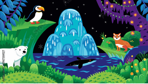 Vibrant arctic scene with polar bear toucan and fox under midnight sun with waterfall and aurora borealis