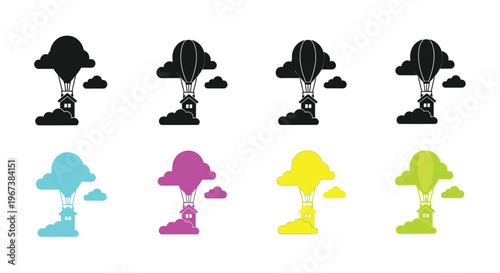 Colorful variations of hot air balloons with houses suspended below