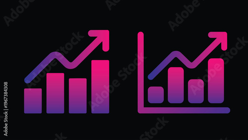 Growing business bar chart and line graph icons with upward arrow, isolated on black background