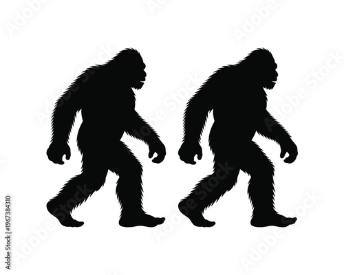 Two bigfoot creatures walking depicted in a stark black silhouette