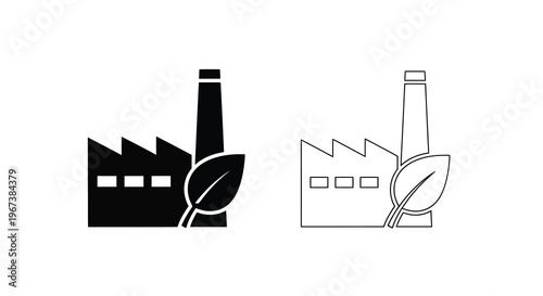 Two factory icons with leaves representing eco friendly industry concepts