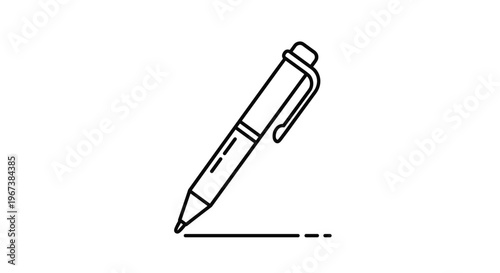Simple line drawing of ballpoint pen writing on paper surface illustrates concepts of education documentation and creative journaling.