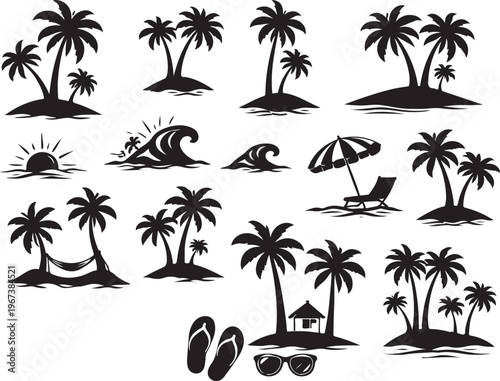 A collection of black silhouette illustrations featuring tropical palm trees and summer items