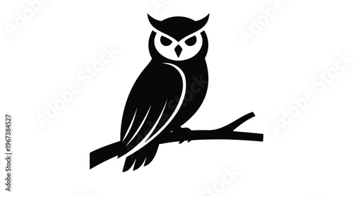 Stylized nocturnal owl icon perched on a tree branch, representing wisdom, knowledge, and nature's quiet mystery in a minimalist design