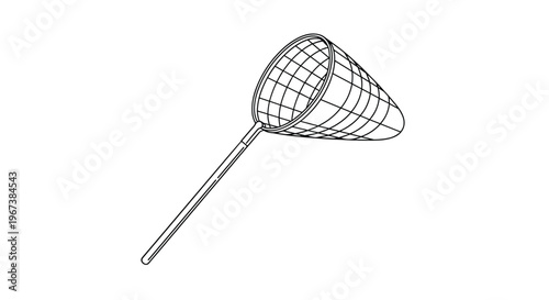 Handheld fishing net or butterfly net illustration in fine line style depicts outdoor activities nature exploration and specimen collection.