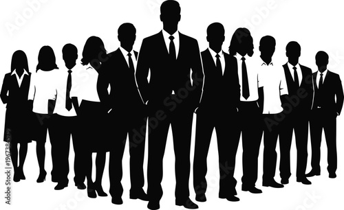 Business team silhouette group of professionals standing together, corporate teamwork and leadership concept, diverse office people, black vector illustration isolated on white background