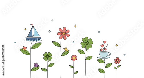 Whimsical garden illustration features flowers growing objects like boat cup heart and envelope symbolizing imagination and creative growth.