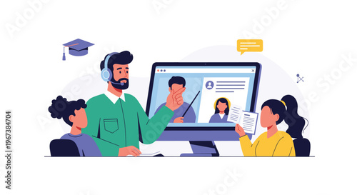 Virtual classroom setting shows teacher on computer screen instructing students during online lesson illustrating modern distance education.