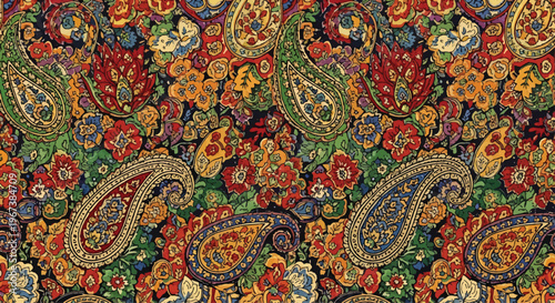 Paisley pattern fabric features intricate floral and teardrop motifs in vibrant, multi-colored hues.