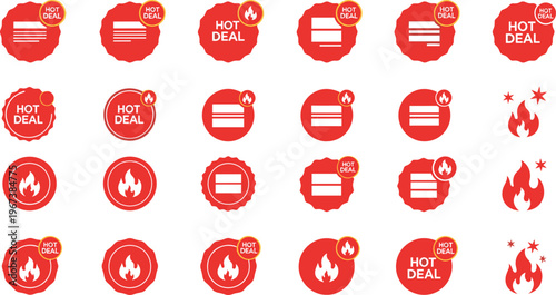 Hot deal sale badges collection fire discount labels flame icons promotion vector illustration set