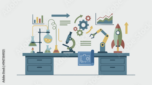 Science and Technology Development Concept with Lab Equipment and Robotics