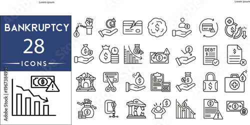 Bankruptcy and financial crisis icon set. Thin line icons including debt, insolvency, legal notice, court, broken piggy bank, declining graph, and financial failure concepts. Editable stroke vector.