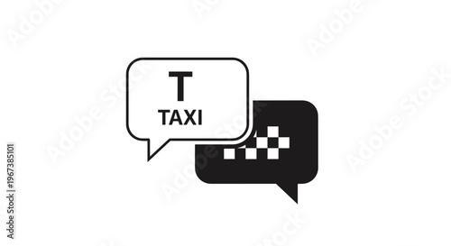 Speech bubbles containing taxi text and checkered pattern represent ride sharing services transportation apps and urban mobility solutions.