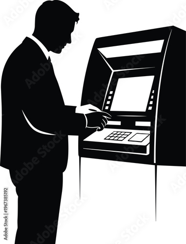 Businessman using ATM machine silhouette, cash withdrawal banking concept, financial transaction, money access, digital banking technology, payment terminal isolated on white background