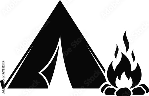 Camping tent and campfire silhouette, outdoor adventure travel concept, hiking equipment, nature tourism, wilderness survival, night camping illustration isolated on white background