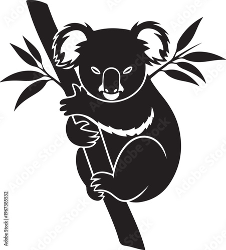 Black silhouette koala bear hanging on tree branch with leaves