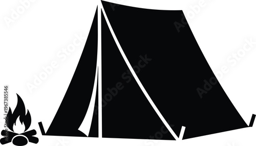 Camping tent with campfire silhouette, outdoor adventure and travel concept, campsite equipment icon, black vector illustration isolated on white background, minimalist design