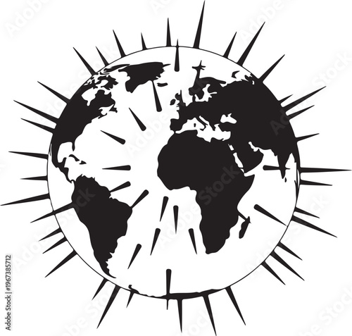 Black silhouette map with airplanes and sunburst lines