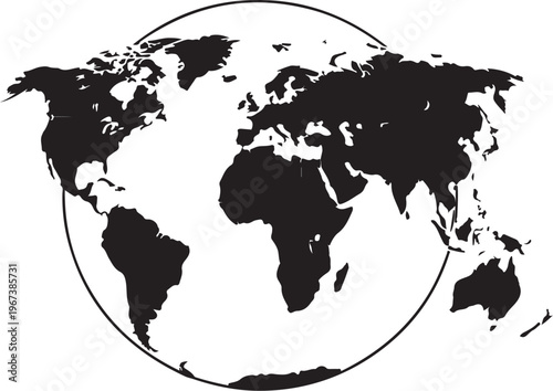 Black silhouette map on white background globe continents