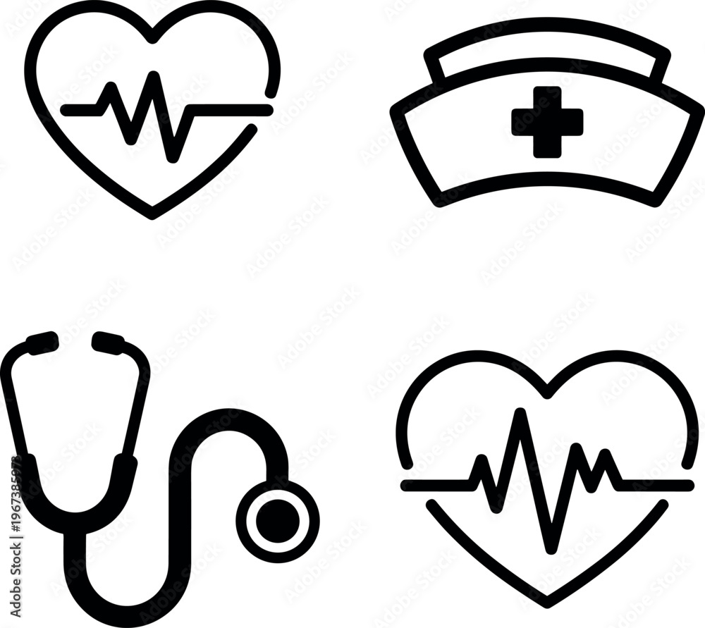 Obraz premium Medical Icons Set Heart Rate, Nurse Hat, Stethoscope