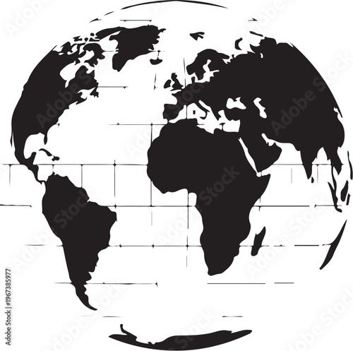 Black silhouette map with grid lines globe continents