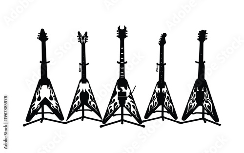 Flying V Electric Guitar Silhouette Set with Flame Pattern Heavy Metal Music Rock Band Instruments Collection Professional Musical Equipment Graphic Design Icons in Flat Vector Style