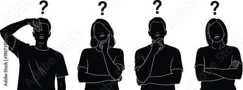 Four Silhouettes of People Thinking with Question Marks Above Heads confused