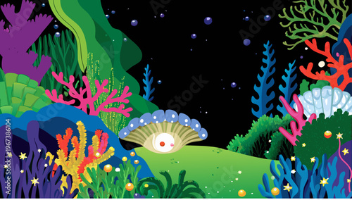 Vibrant deep sea bioluminescent creatures glowing in dark ocean with colorful coral reef and seaweed underwater fantasy scene
