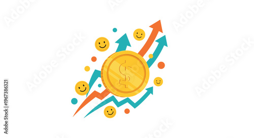 Successful financial investment and money growth concept represented by a golden dollar coin and rising colorful arrows.