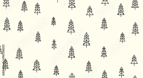Simple black outline evergreen pine tree pattern on a minimalist cream background for natural and winter holiday designs.