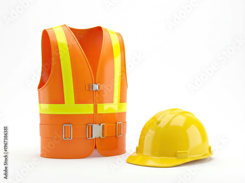 A reflective safety vest and a yellow hard hat on a white background