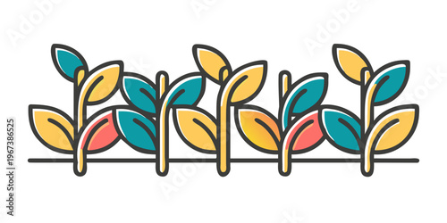 Colorful stylized seedling plant sprouts in a row, vector