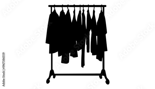 Clothing rack silhouette with hanging suits and shirts on a white background