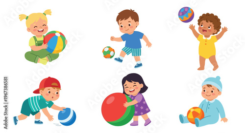 Diverse group of happy children playing with colorful beach balls