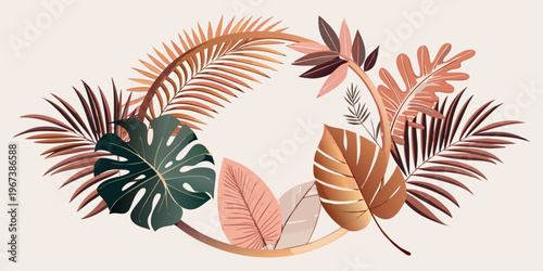 Tropical botanical foliage circle frame in earthy tones, vector