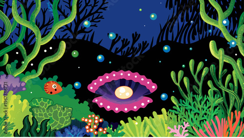 Glowing bioluminescent eye surrounded by vibrant coral reef and seaweed in dark ocean water with sparkling blue lights