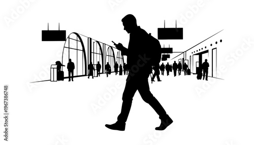 Man walking silhouette in airport terminal with people around him