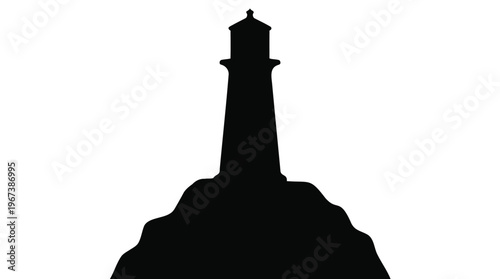 Striking black silhouette illustration of a towering coastal lighthouse on a rocky base, symbolizing guidance, navigation, and maritime safety for vessels at sea